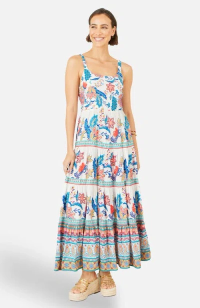 Yumi Floral Block Print Tiered Maxi Sun Dress In Multi