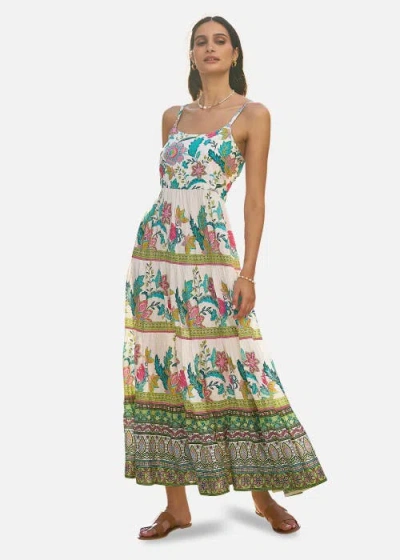 Yumi Floral Block Print Tiered Maxi Sun Dress In White