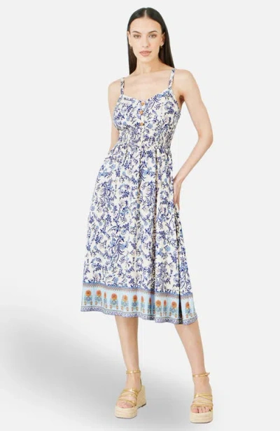 Yumi Floral Border Print Midi Sun Dress In White