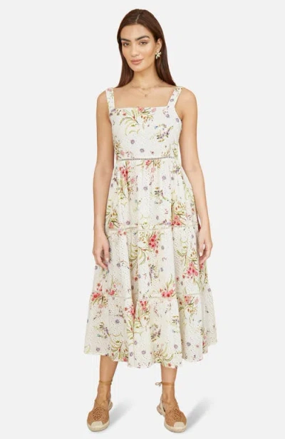 Yumi Floral Broderie Anglaise Midi Sun Dress In White
