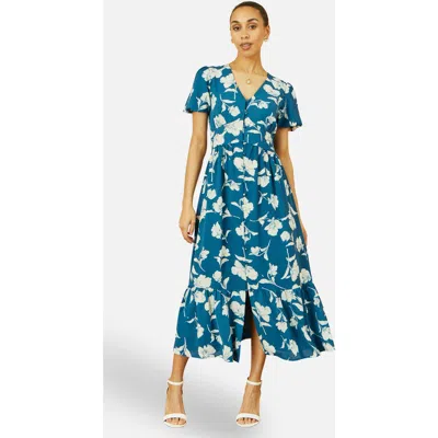 Yumi Floral Button Down Floral Midi Dress In Blue