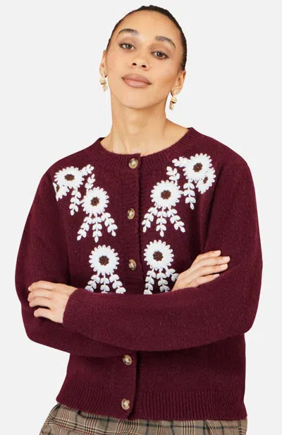 Yumi Floral Embroidered Cardigan In Burgundy