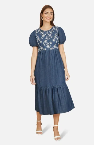 Yumi Floral Embroidered Puff Sleeve Dress In Blue