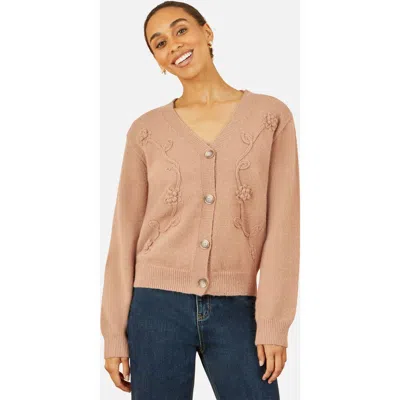Yumi Floral Embroidered Relaxed Fit Cardigan In Brown