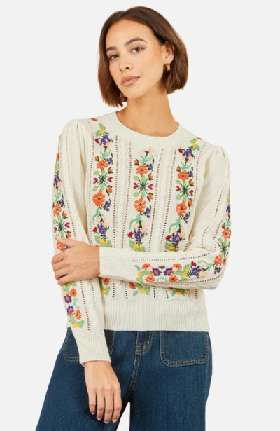 Yumi Floral Embroidery Cable Jumper In White