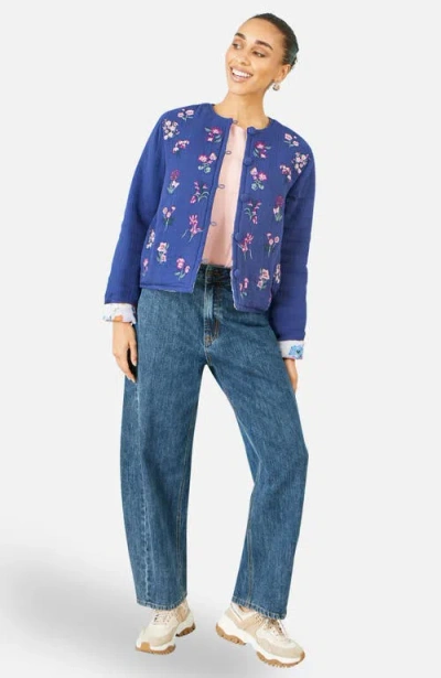 Yumi Floral Embroidery Cotton Jacket In Blue