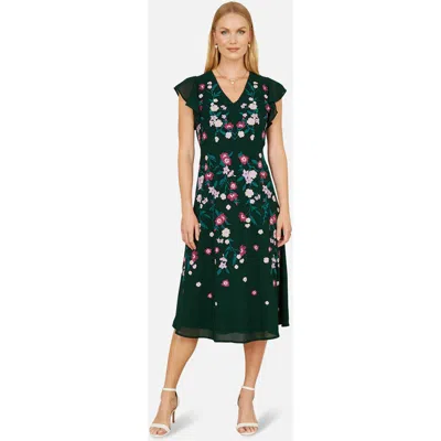 Yumi Floral Embroidery Midi Skater Dress In Multi