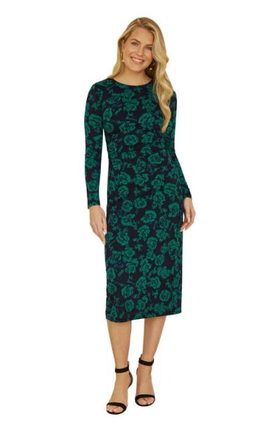 Yumi Floral Fitted Mesh Midi Dress In Green