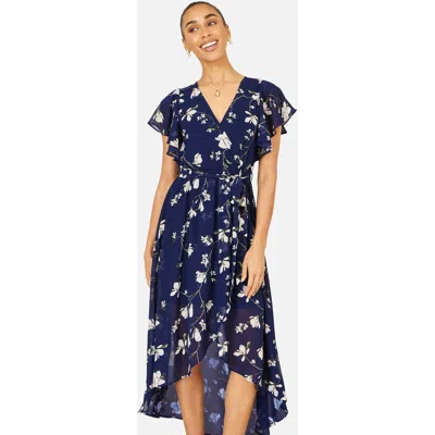Yumi Floral Frill Hem Wrap Midi Dress In Blue