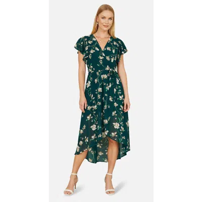 Yumi Floral Frill Hem Wrap Midi Dress In Green