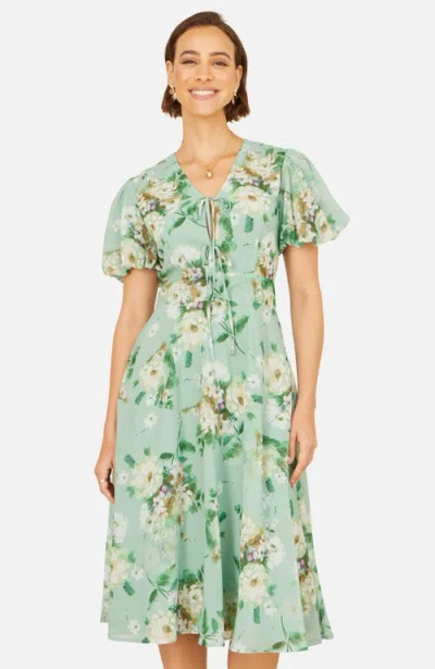 Yumi Floral Front Tie Detail Tea Dress In Green