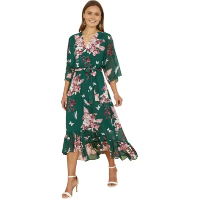 Yumi Floral Kimono Dipped Hem Dress In Green