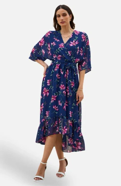 Yumi Floral Kimono Wrap Dipped Hem Midi Dress In Blue