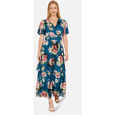 Yumi Floral Mesh Tiered Maxi Dress In Blue