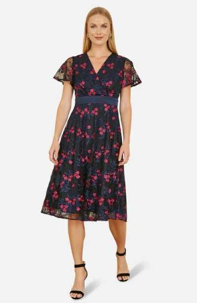 Yumi Floral Mesh Wrap Midi Skater Dress In Black