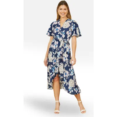 Yumi Floral Midi Wrap Dress In Blue