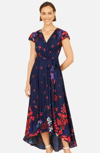 Yumi Floral Mirror Dip Hem Wrap Dress In Blue