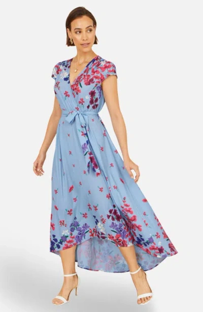 Yumi Floral Mirror Dip Hem Wrap Dress In Blue