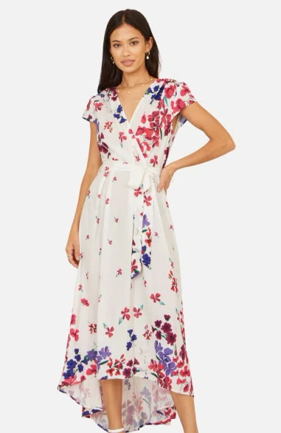 Yumi Floral Mirror Dip Hem Wrap Dress In White