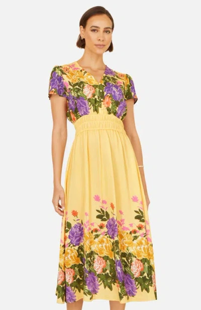 Yumi Floral Mirror Print Viscose Midi Dress In Yellow