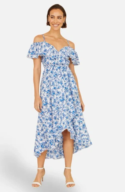 Yumi Floral Print Bardot Midi Dress In Blue