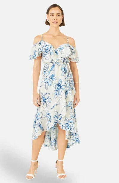 Yumi Floral Print Bardot Midi Dress In Blue