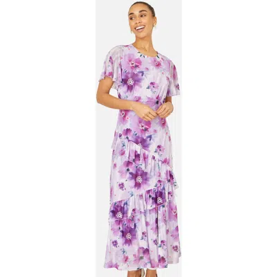 Yumi Floral Print Frill Midi Dress In Purple