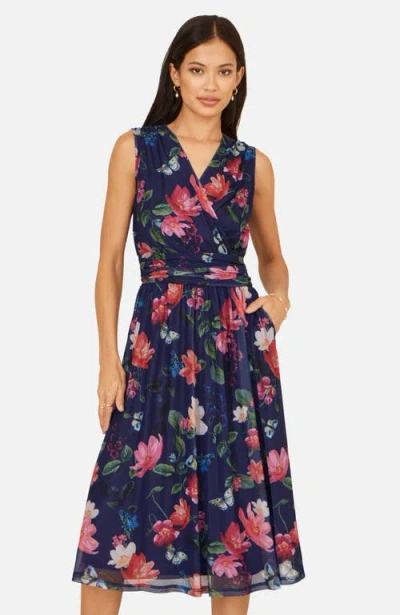 Yumi Floral Print Mesh Stretch Midi Dress In Black