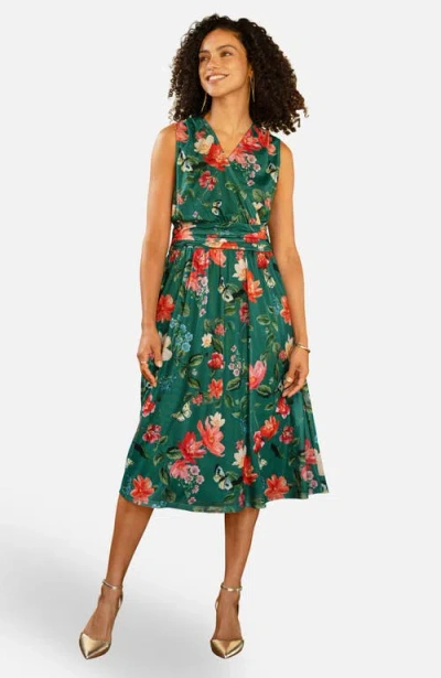 Yumi Floral Print Mesh Stretch Midi Dress In Green