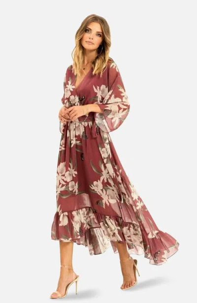 Yumi Floral Print Midi Wrap Dress In Burgundy