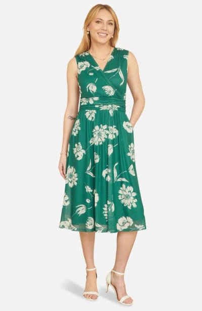 Yumi Floral Print Stretch Mesh Dress In Green
