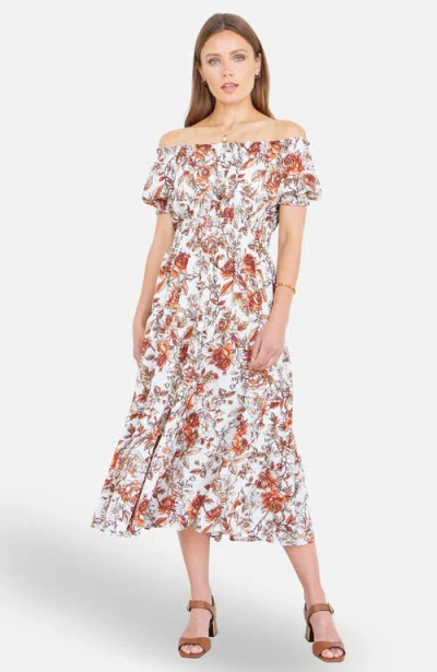 Yumi Floral Ruched Waist Midi Dress In Orange