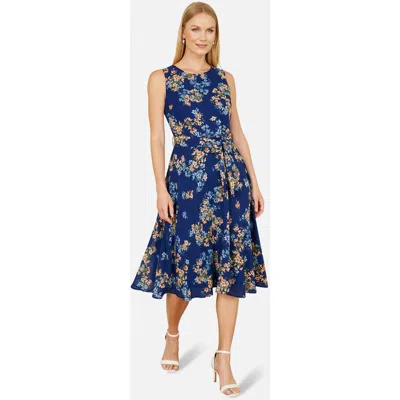 Yumi Floral Skater Sleeveless Midi Dress In Blue