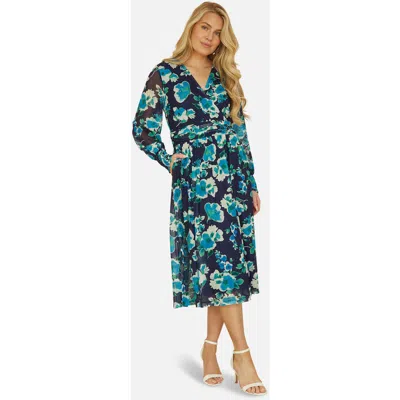 Yumi Floral V-neck Long Sleeves Wrap Dress In Blue