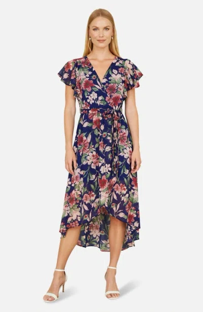 Yumi Floral Wrap Midi Dress With Frill Hem In Multi
