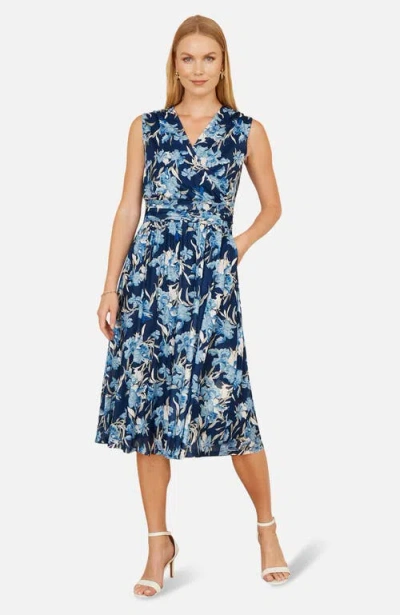 Yumi Floral Wrap V Neck Midi Skater Dress In Blue