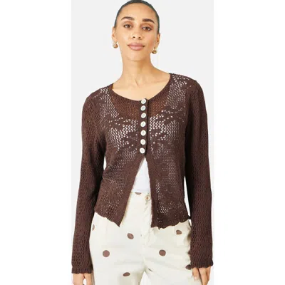 Yumi Flower Crochet Button Up Cardigan In Brown