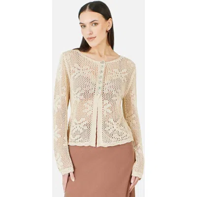 Yumi Flower Crochet Button Up Cardigan In Neutral