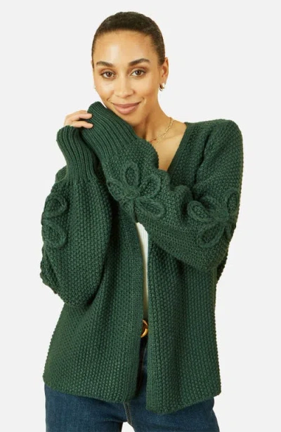 Yumi Flower Detail Long Sleeve Cardigan In Green