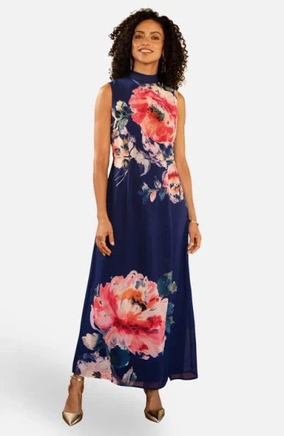 Yumi Flower High Neck Maxi Dress In Blue