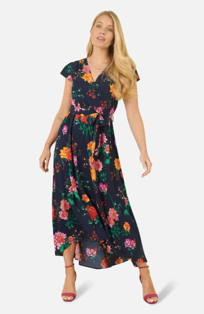 Yumi Flower  Print Wrap Midi Dress In Black