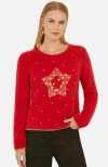 Yumi Fluffy Star Christmas Sweater In Red