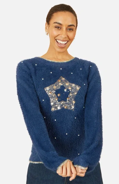 Yumi Fluffy Star Holiday Sweater In Navy