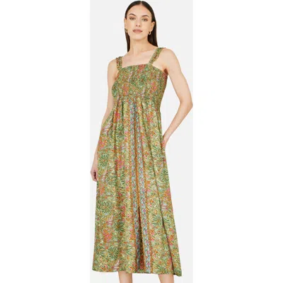 Yumi Foil Palm Print Ruched Midi Dress In Green