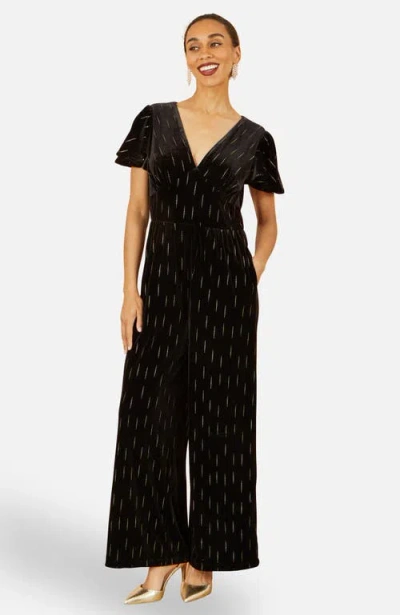 Yumi Foil Print Velvet Jumpsuit In Black
