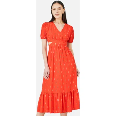 Yumi Foil Print Viscose Cut Out Midi Dress In Orange