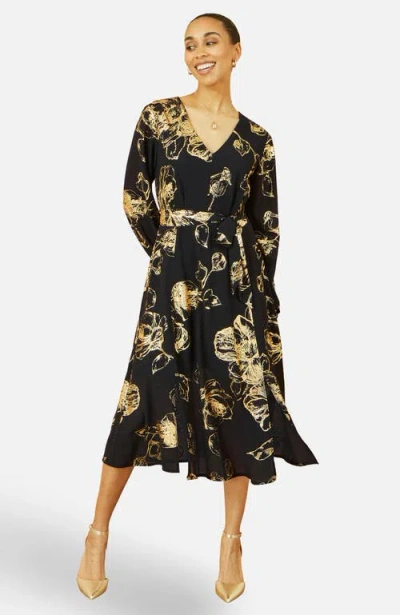 Yumi Foil Rose Print Midi Dress In Black