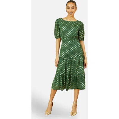 Yumi Foil Spot Midi Dress With Scoop Back In Green