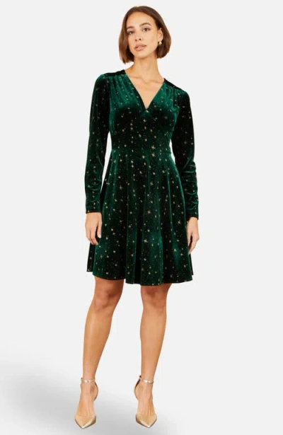 Yumi Foil Star Print Velvet Skater Dress In Green