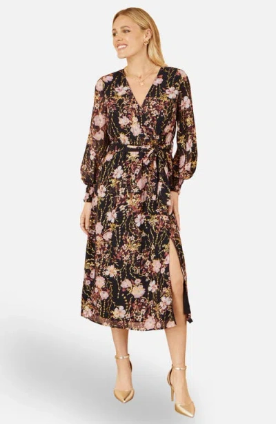 Yumi Foiled Floral Print Wrap Midi Dress In Black